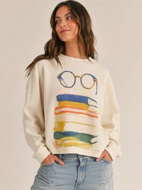 Boutique Artsy Knit Sweater Cream Abstract Glasses Print Cozy Casual Size Medium